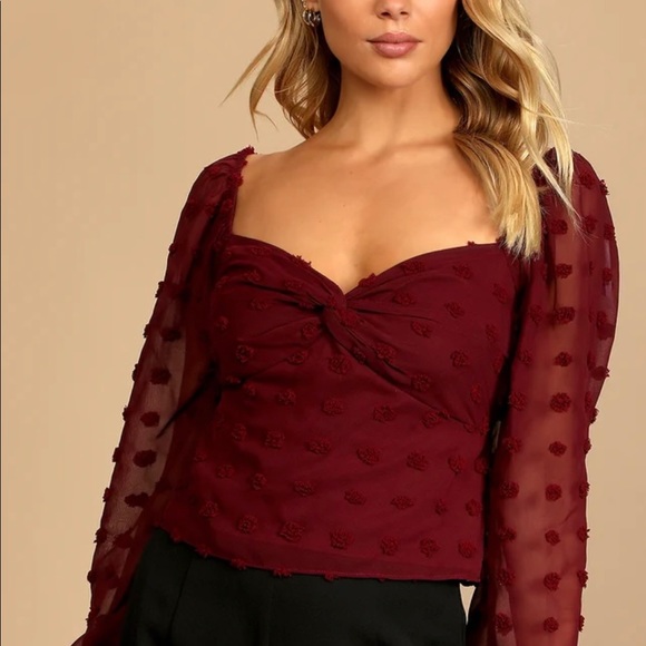 Lulus Flawless Style Burgundy Swiss Dot Long Sleeve Top - Picture 2 of 5
